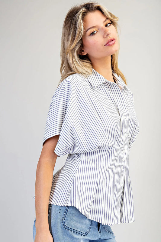 Striped pleated button down top with peplum hem