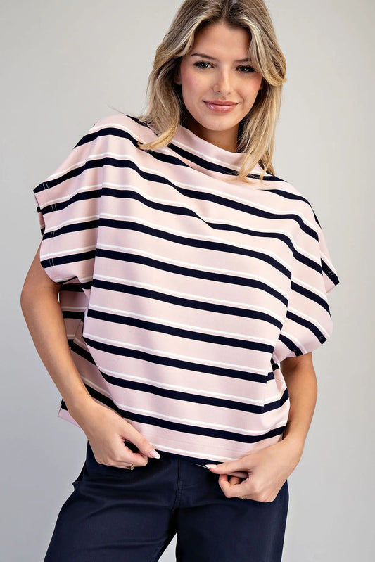 Striped mock neck boxy top with dropped shoulders
