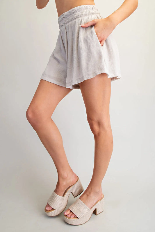 Soft Washed Elastic Waist Shorts feature a relaxed, flowy fit with a lightweight feel
