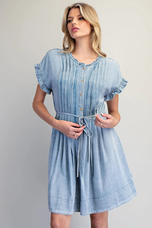 Snow washed pleated denim mini dress with tie waist