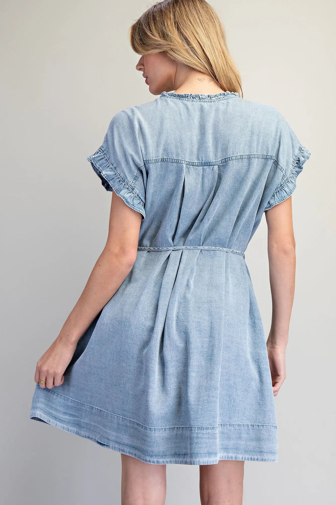 Snow washed pleated denim mini dress with tie waist