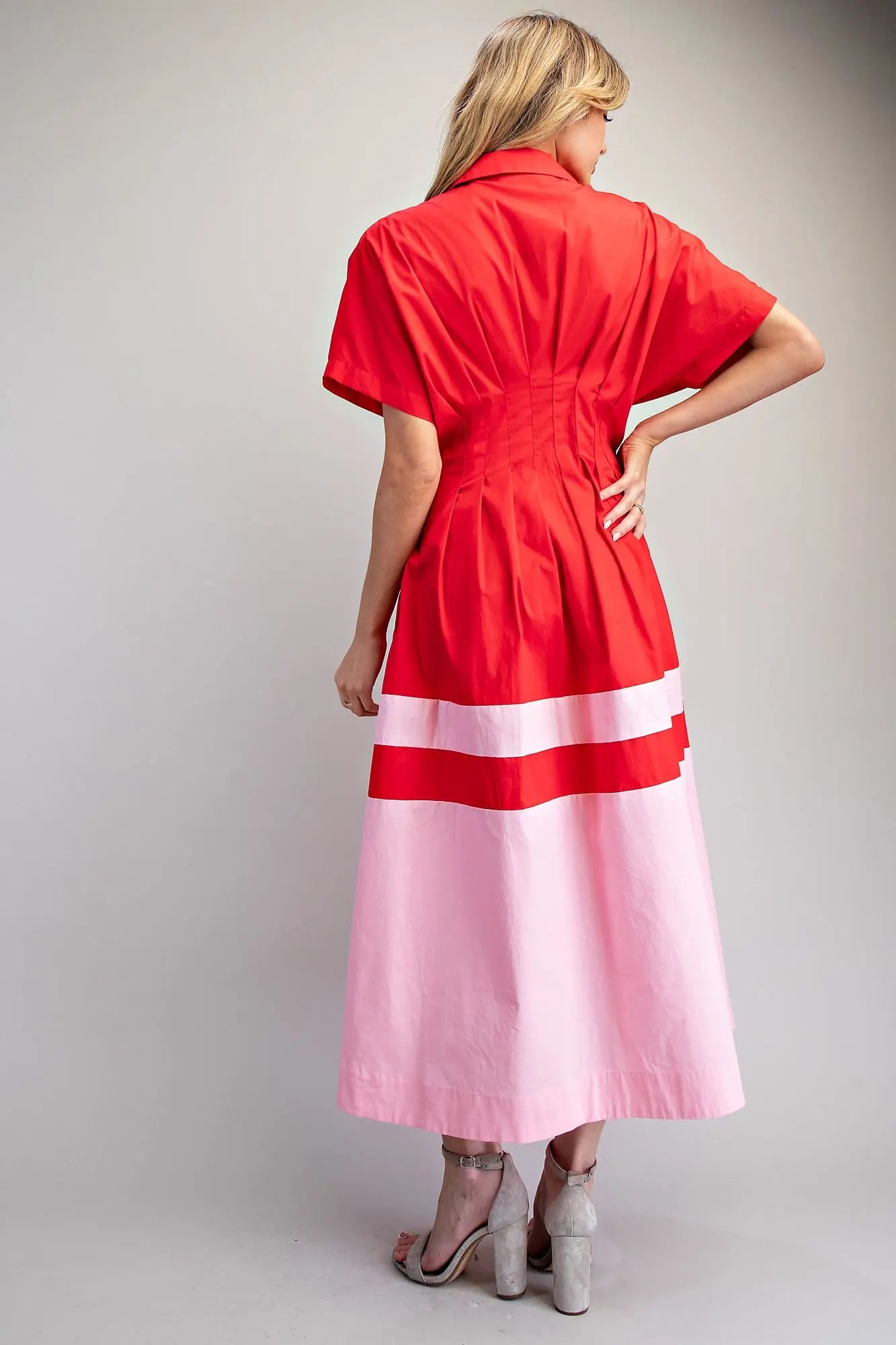Color block button down midi dress with pleated waist