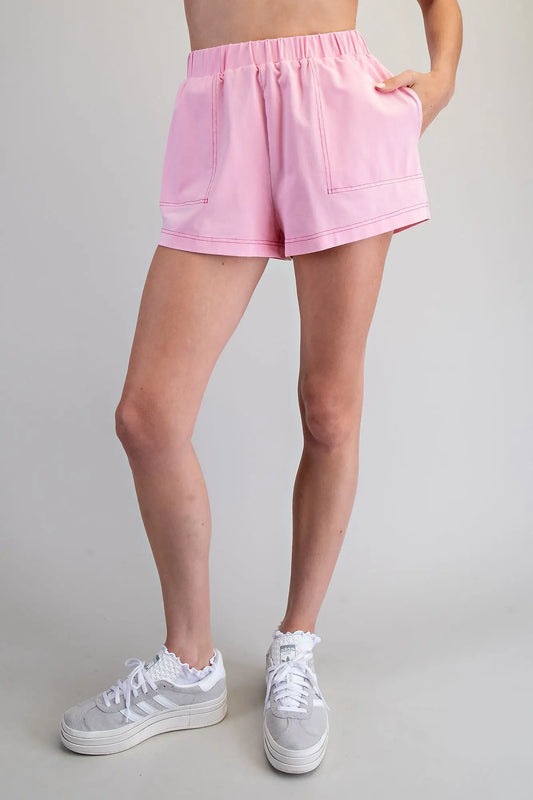pink elastic waist shorts with pocket