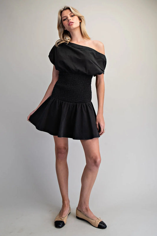 Smocked waist boat neck mini dress with dolman sleeves