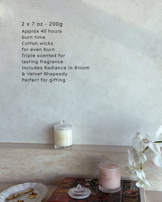 Glasshouse Gift Set of Two, 1 x Radiance In Bloom 7 oz. Candle & 1 x Velvet Rhapsody 7 oz. Candle.