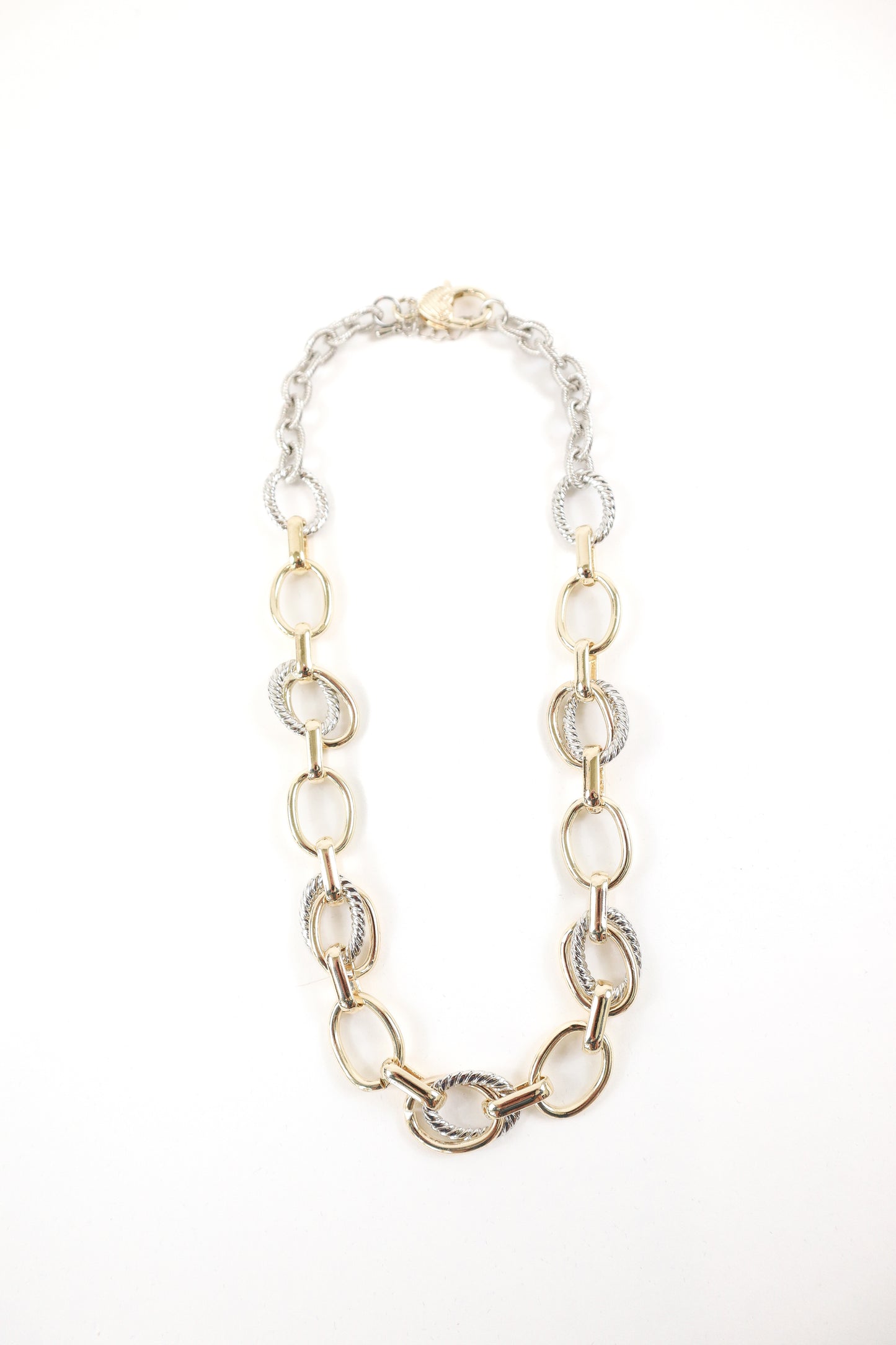 Mixed metal gold and silver oversized link statement necklace, women’s boutique chain jewelry.