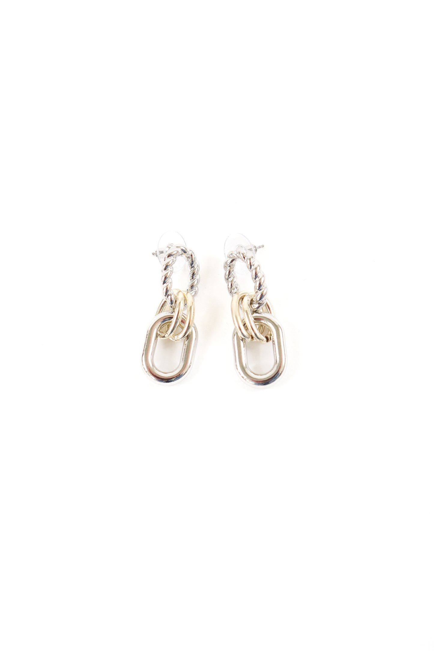 Mixed metal gold and silver chain drop earrings with layered link design, women’s boutique statement jewelry.