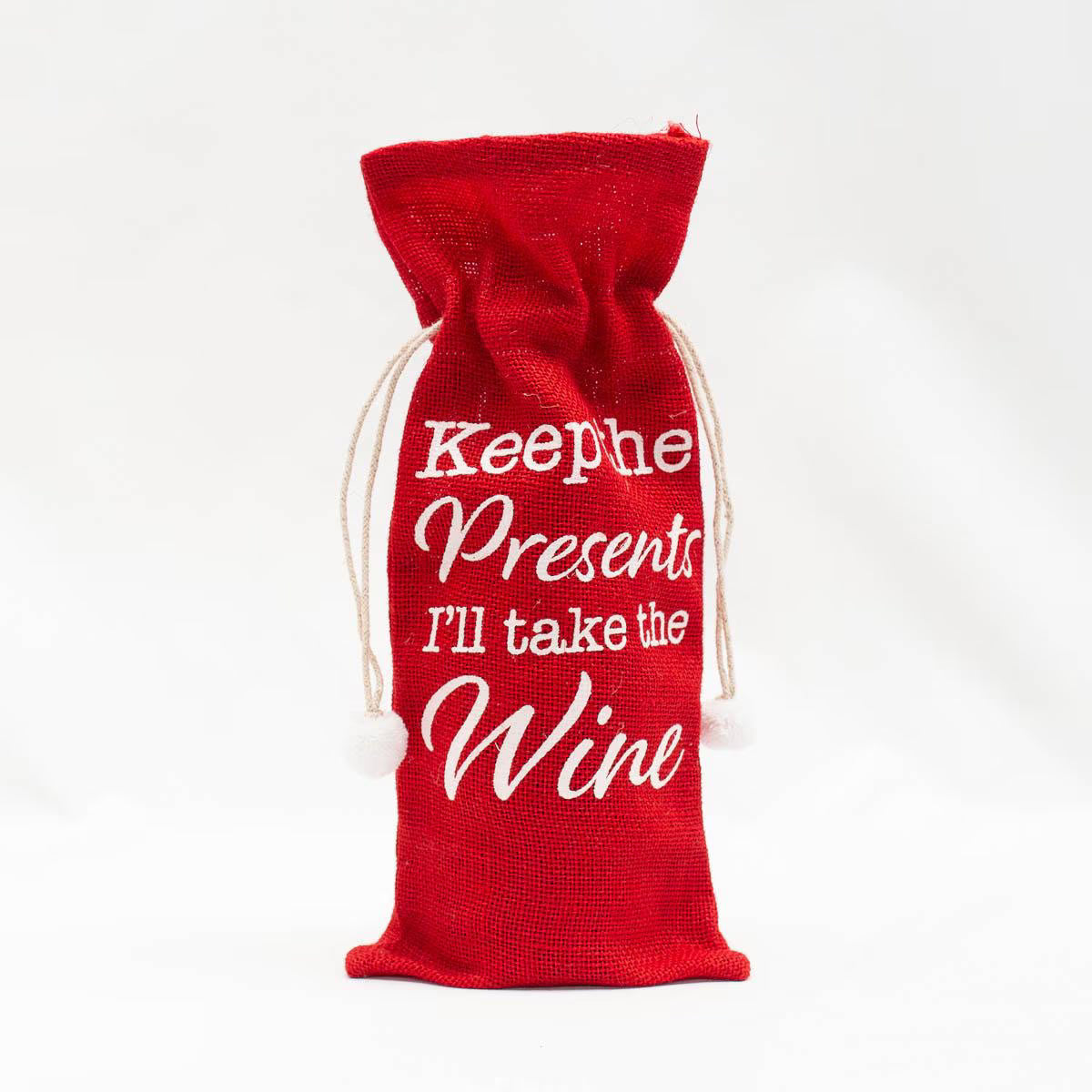 This canvas wine gift bag features the phrase "Keep the presents, I'll take the wine."