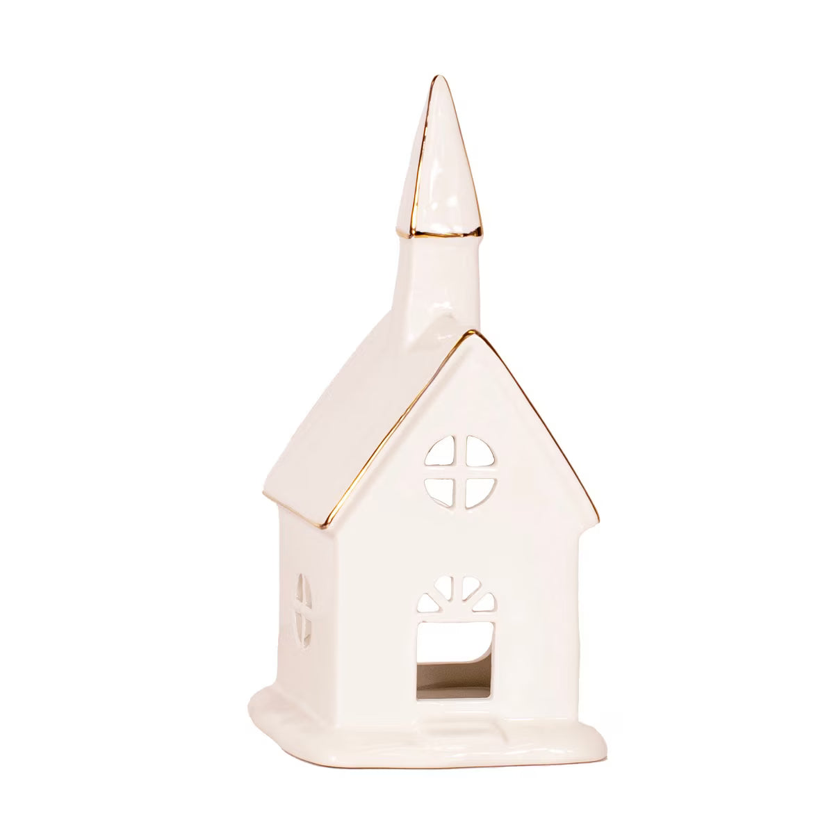 Abington Church Tealight Decoration in White and Gold, measuring 4 inches by 8 inches by 4 inches.
