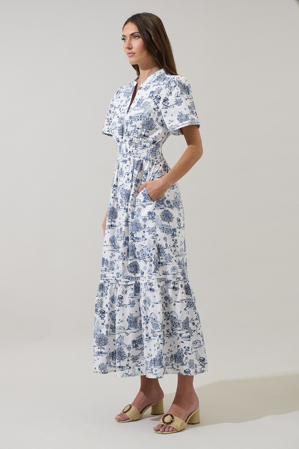 Elara Toile Smocked Waist Maxi Dress