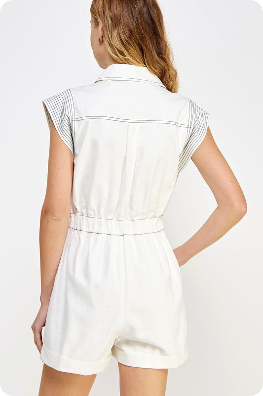 sleeveless linen romper with top-stitch detailing, elastic back waist, and functional pockets