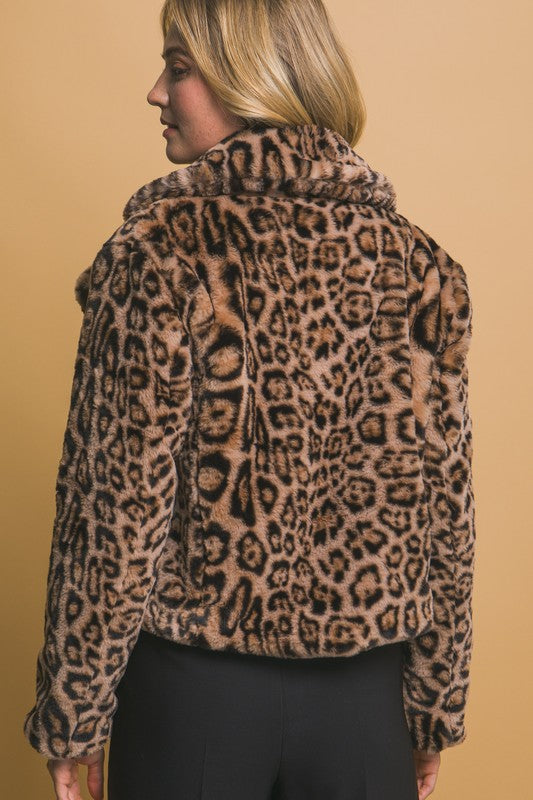 The Elowen Leopard Faux Fur Jacket adds bold sophistication and plush texture to any outfit.