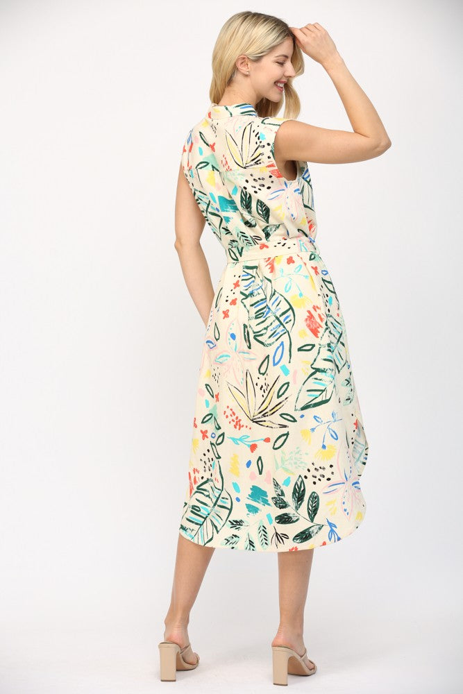 Cap sleeve printed midi dress with feminine silhouette