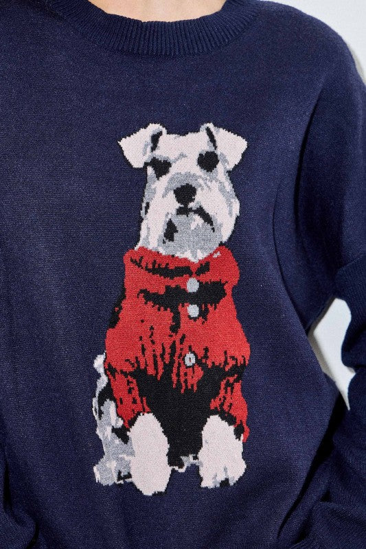 The Daphne Schnauzer Intarsia Sweater brings playful charm and cozy comfort together in a chic, statement knit.