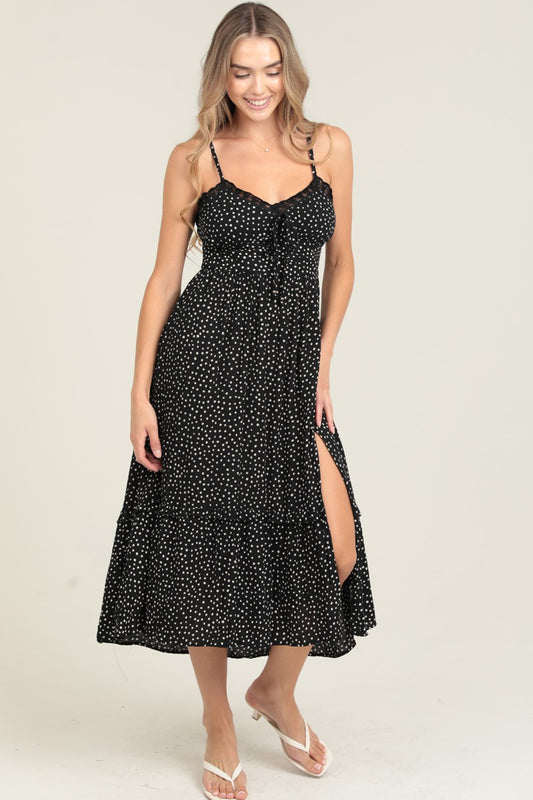 Polka Dot Lace Trim Side Slit Maxi Dress