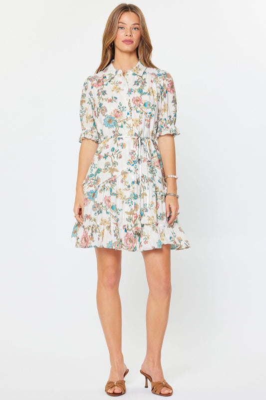 Botanical floral puff sleeve mini dress with tiered hem