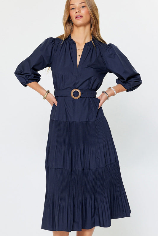 Pleated tiered midi dress with buckle waist belt
