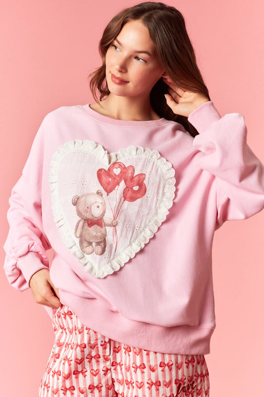 Valentine bear printed sweatshirt with heart-shaped eyelet patches