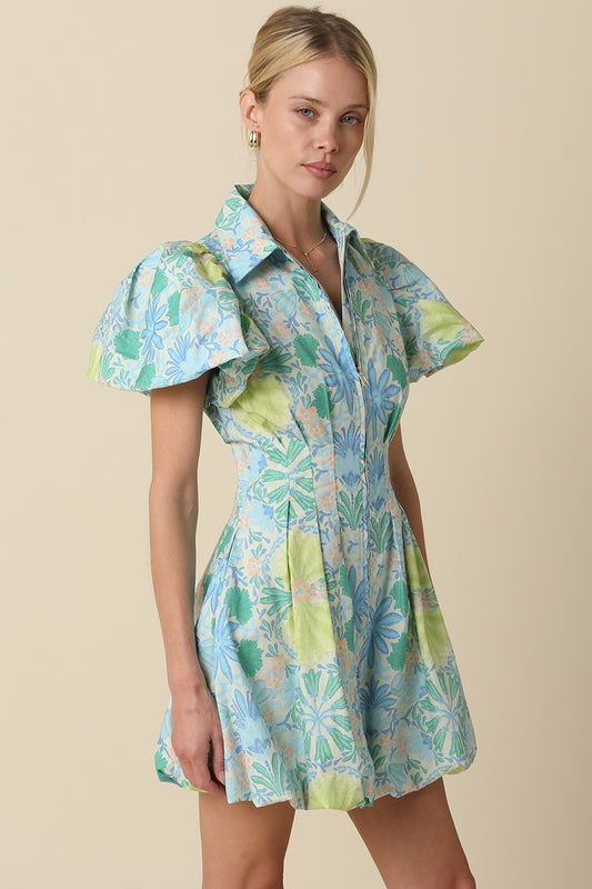 Cotton mini dress with structured collar and bubble hem