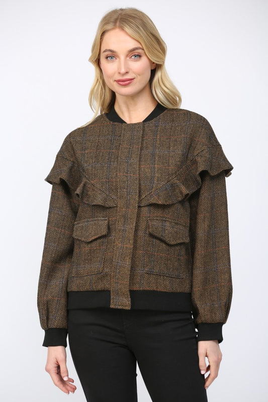 Women’s herringbone bomber jacket with ruffle detail and wool-blend fabric.