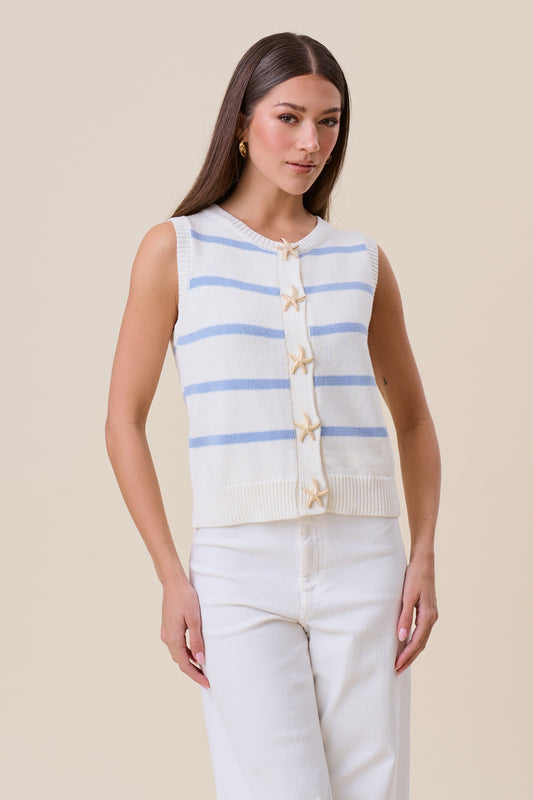 Starfish Striped Knit Vest features nautical stripes, starfish buttons, and a lightweight sleeveless sweater design