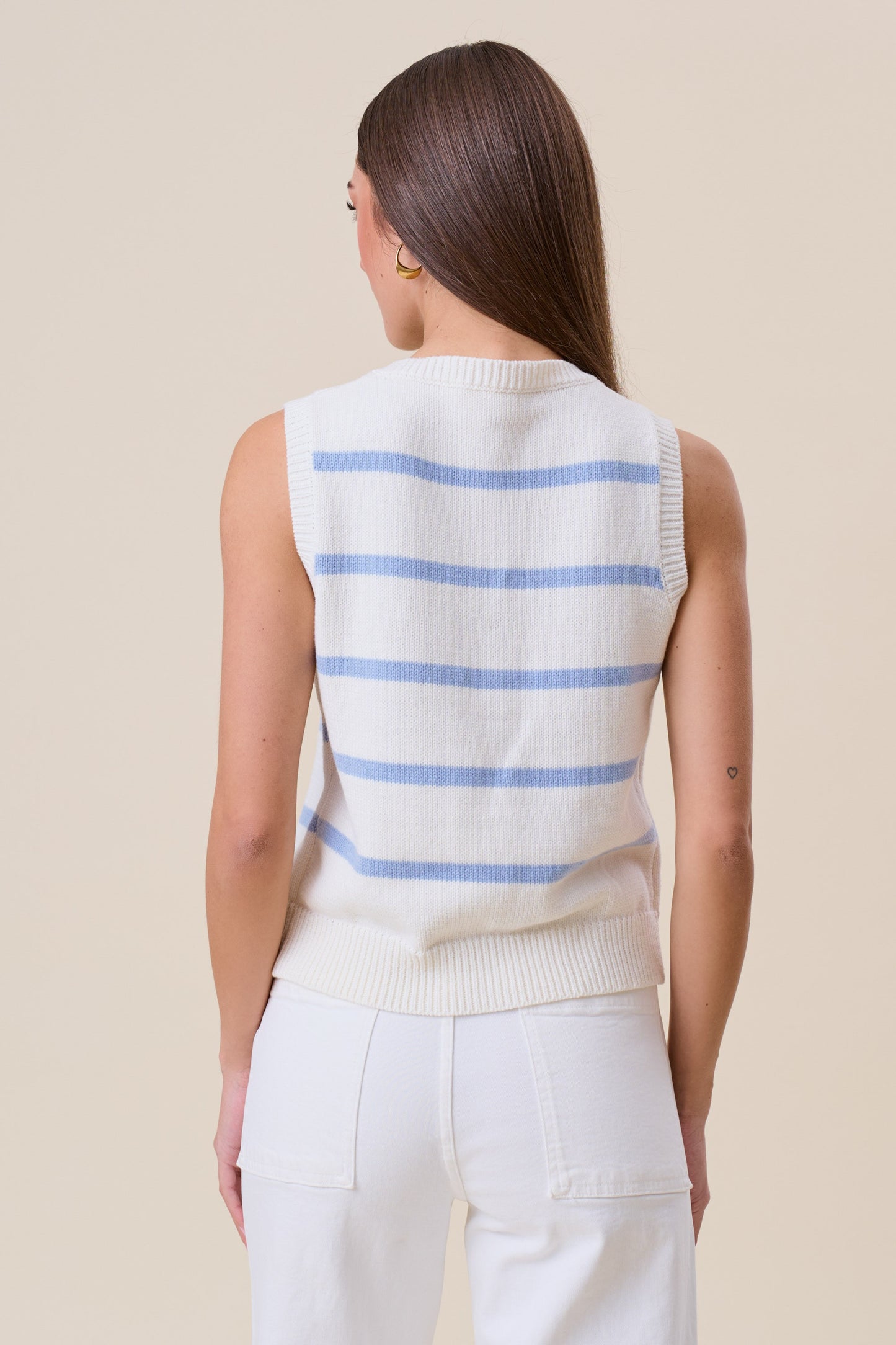 Starfish Striped Knit Vest features nautical stripes, starfish buttons, and a lightweight sleeveless sweater design