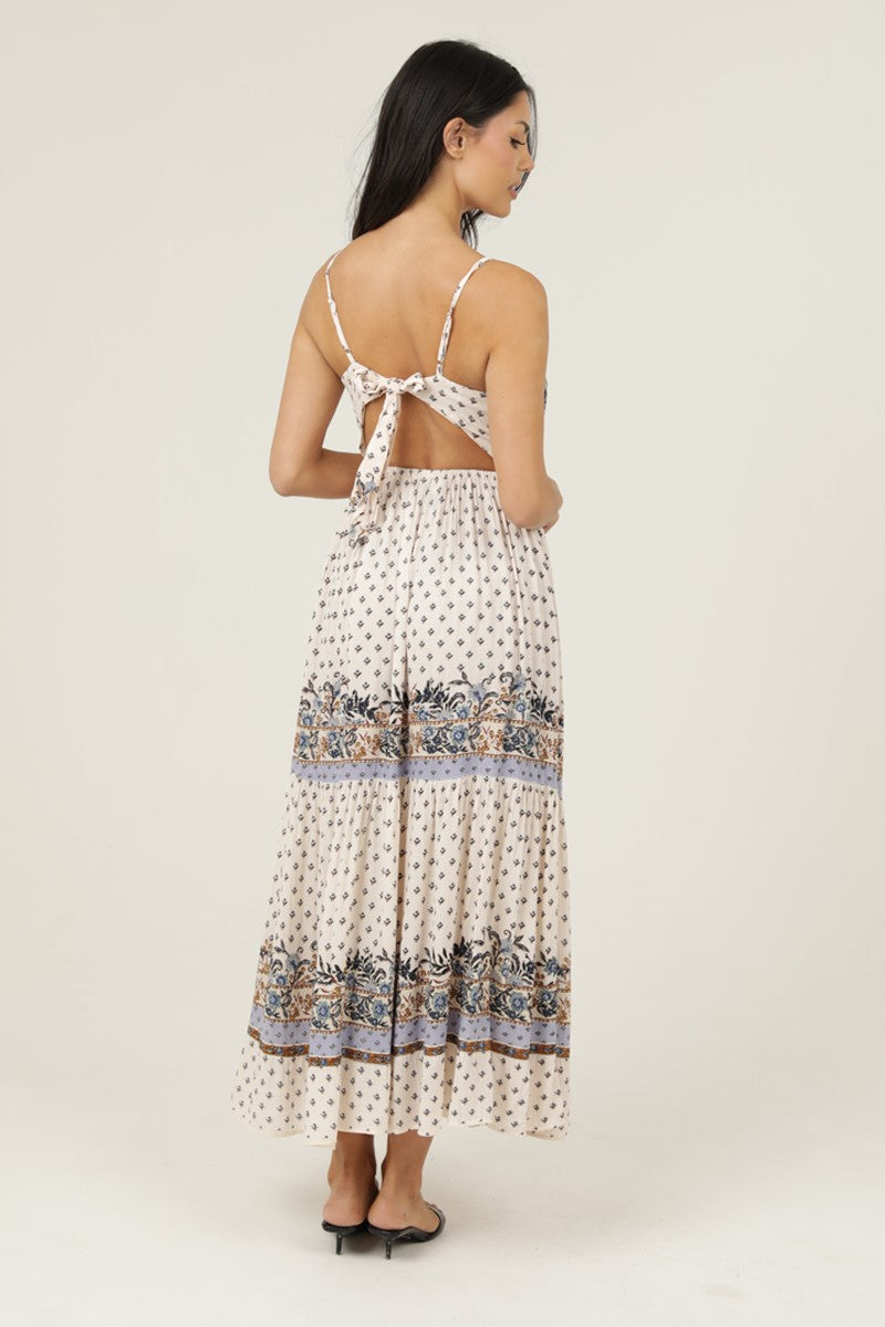 V Neck Lace Trim Tie Back Maxi Dress