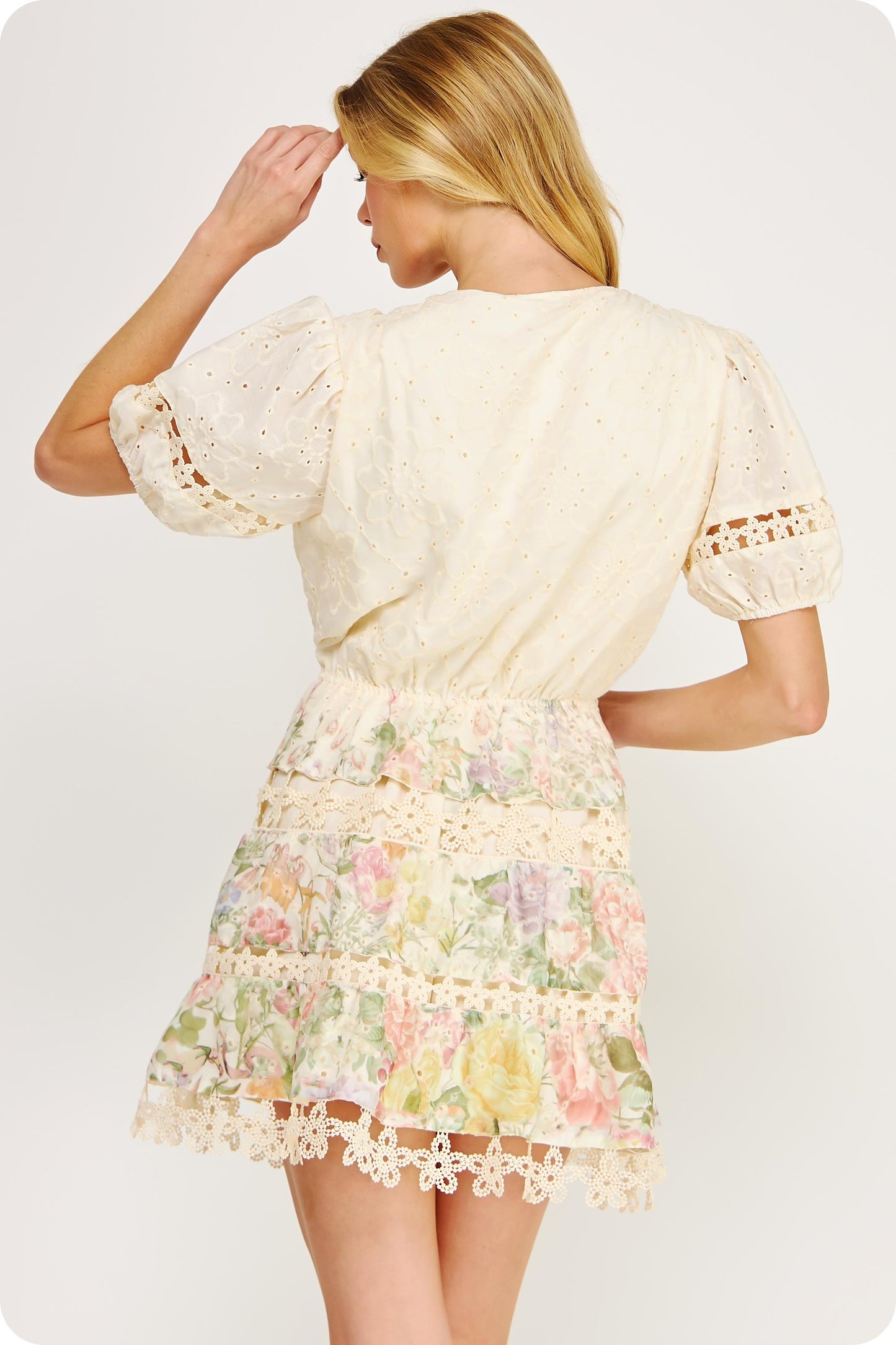 eyelet lace mini dress with puff sleeves, scalloped crochet trim, and a flattering cinched waist