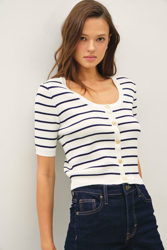 Striped short sleeve cardigan with gold buttons and scoop neckline