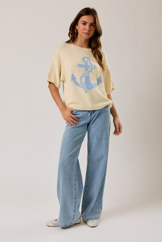 Round neck short sleeve sweater top with anchor graphic