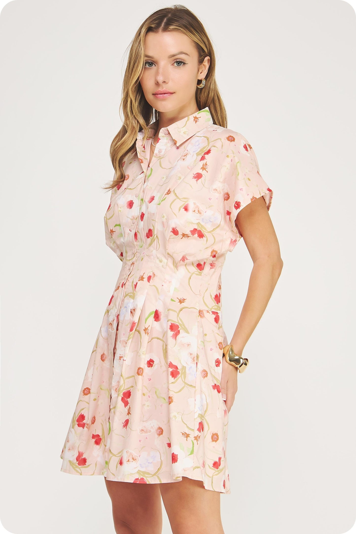 cotton poplin mini shirt dress with a cinched pleated waist, dolman sleeves, and a flared skirt