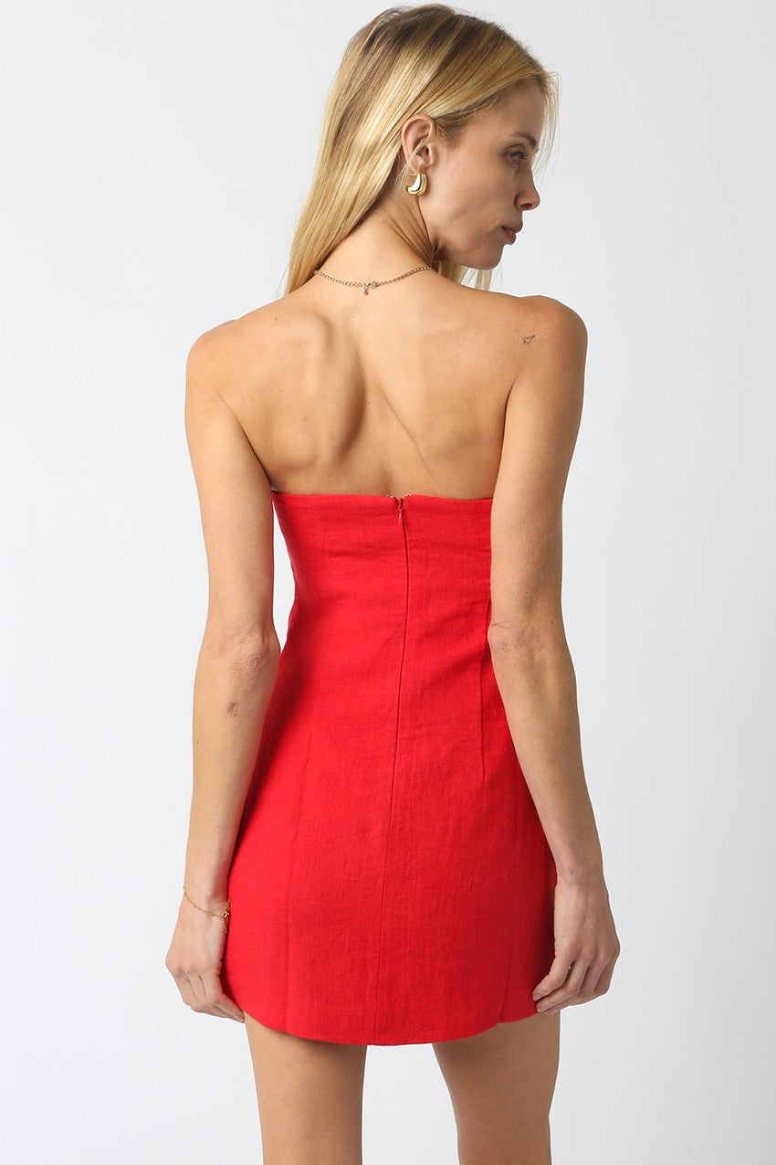 red Strapless Linen Mini Dress