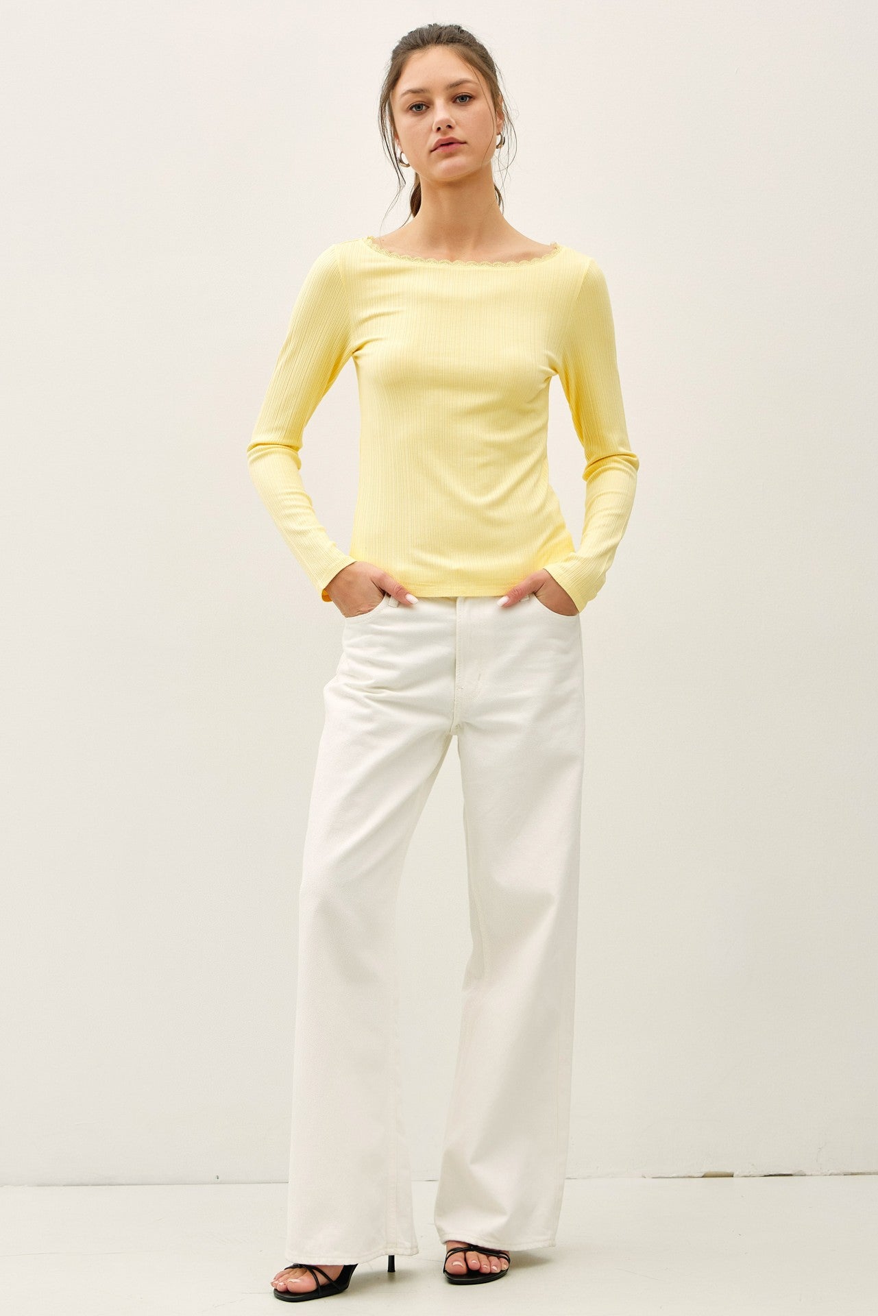 Noa Lace Trim Ribbed Boat Neck Top