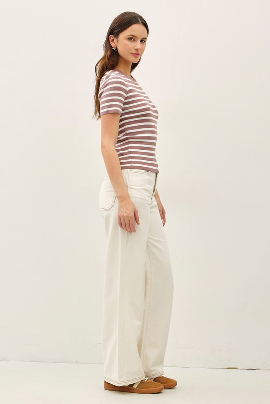 Classic striped crewneck short sleeve sweater with ribbed trim