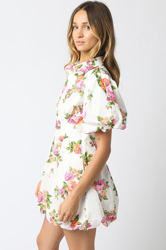 Olivia floral puff sleeve mini dress with bubble hem