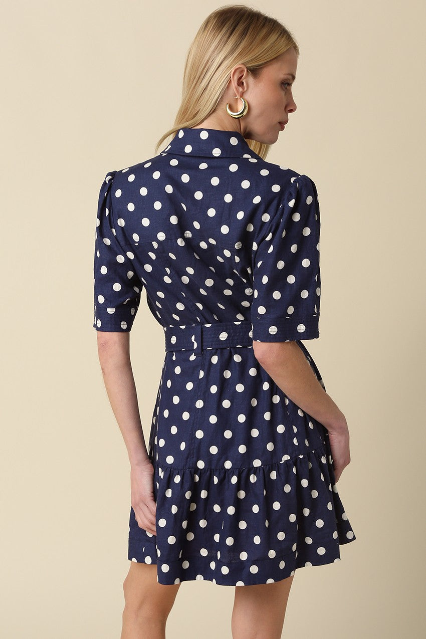 polka dot shirt dress featuring a removable tie belt and flounce hem