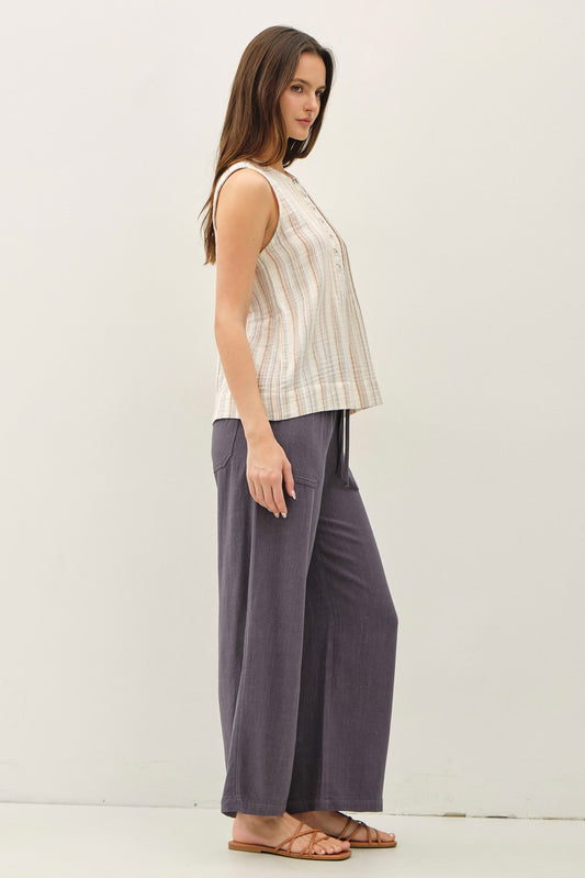 lightweight striped gauze tank with a mandarin collar and half-button Henley neckline