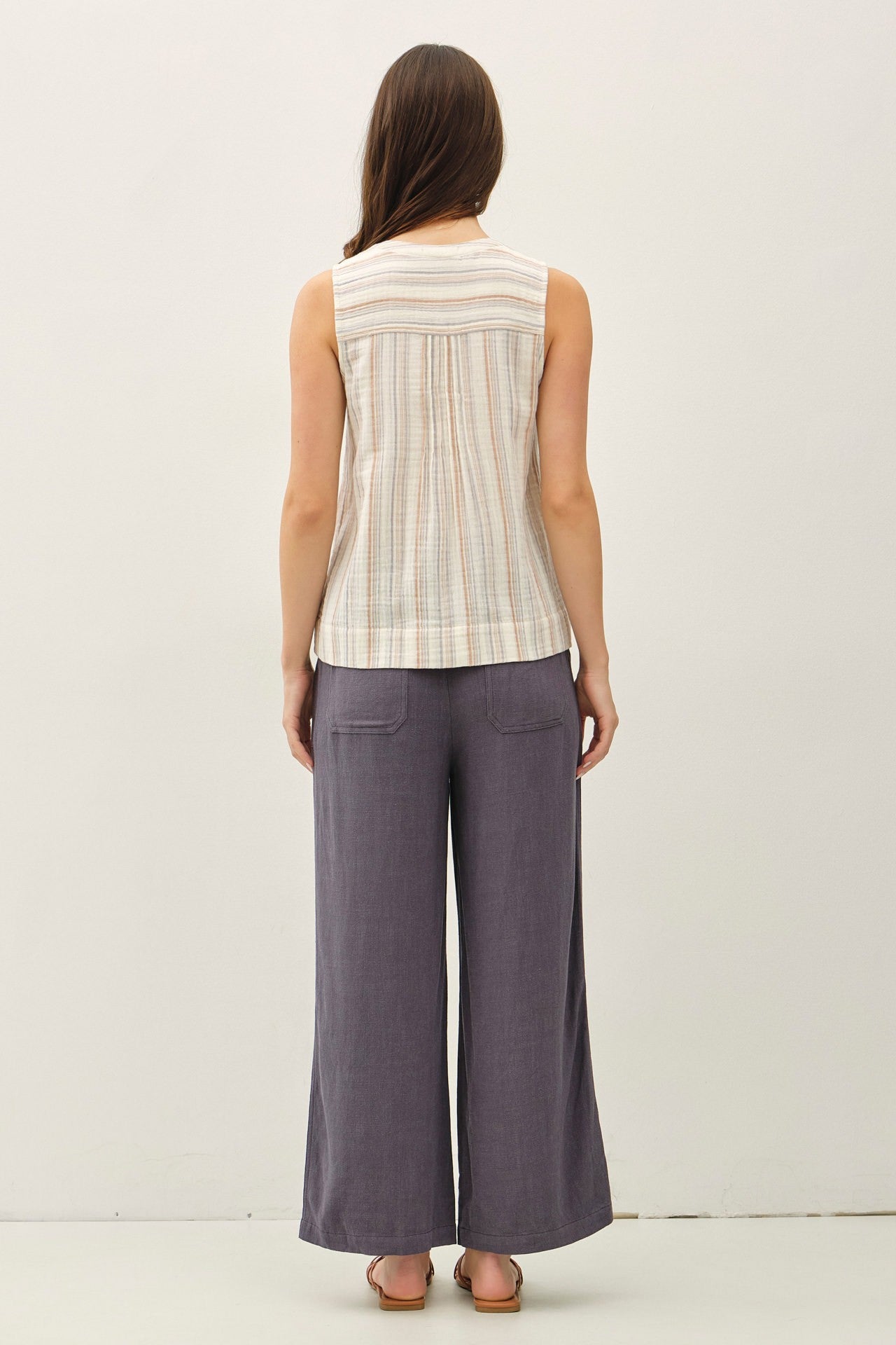 lightweight striped gauze tank with a mandarin collar and half-button Henley neckline