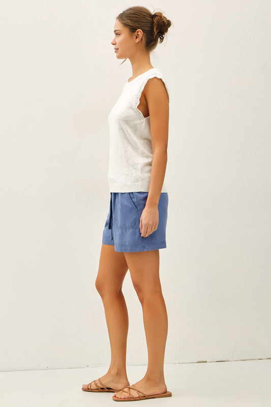 lightweight slub knit sweater tank with delicate crochet ruffle cap sleeves