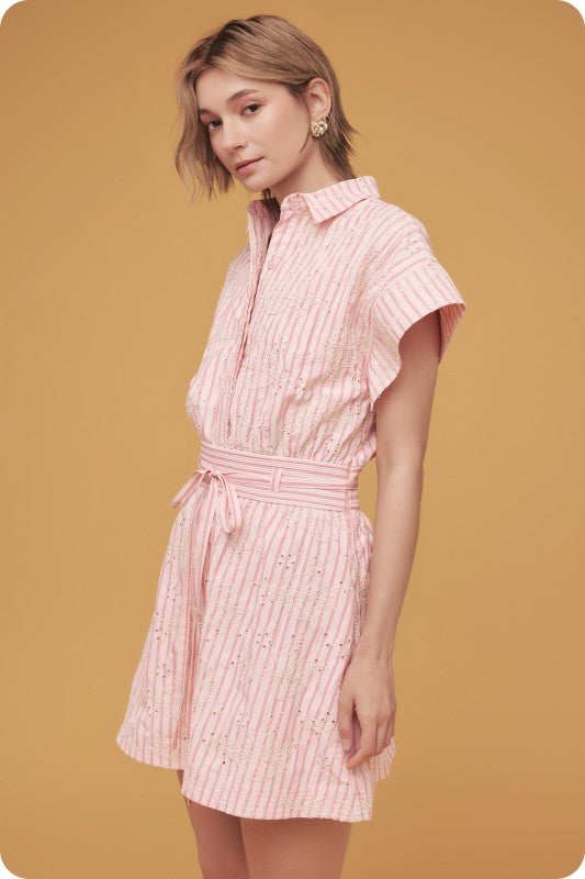 striped mini shirt dress with embroidered eyelet details, a cinched waist, and a relaxed A-line skirt