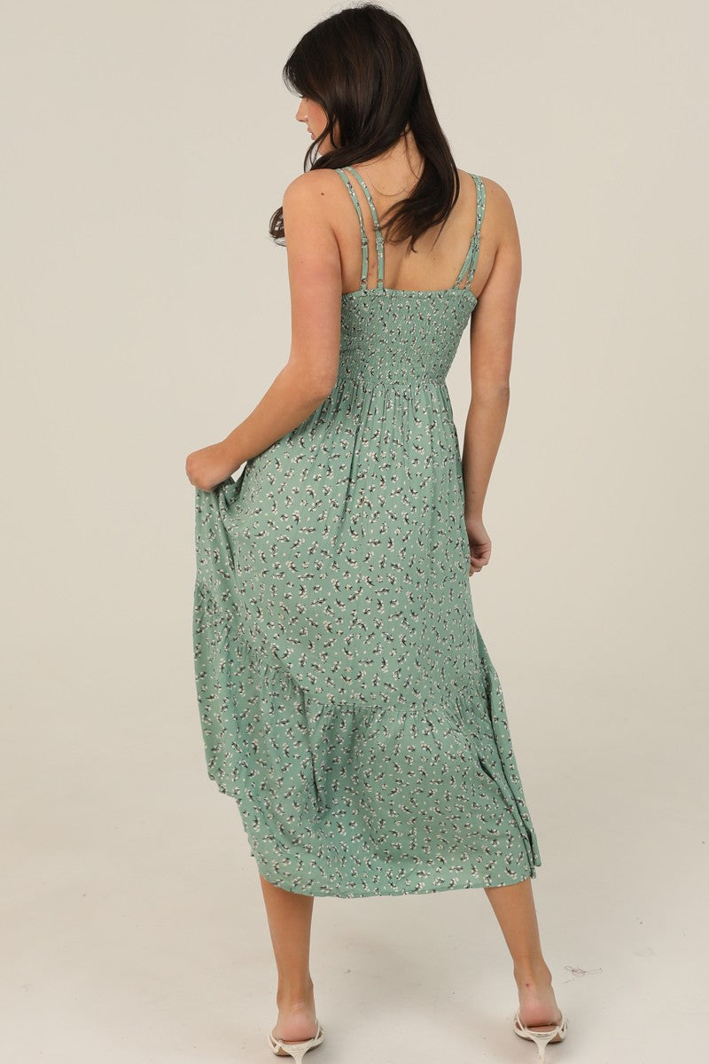 Lace Trim Ditsy Maxi Dress features a flattering empire waist, delicate lace trim, and a breezy tiered skirt