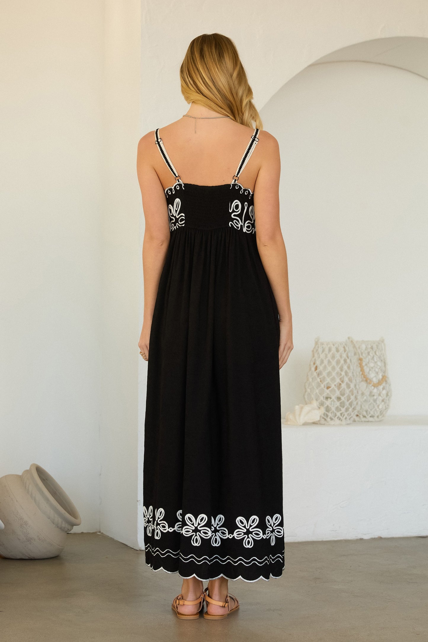 Cotton maxi dress with intricate embroidery and contrast detailing