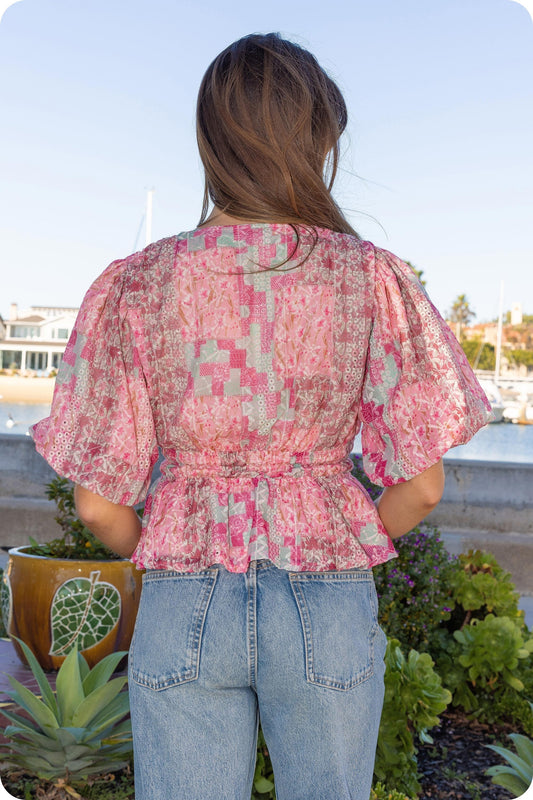 Alisa Patchwork Floral Eyelet Peplum Blouse
