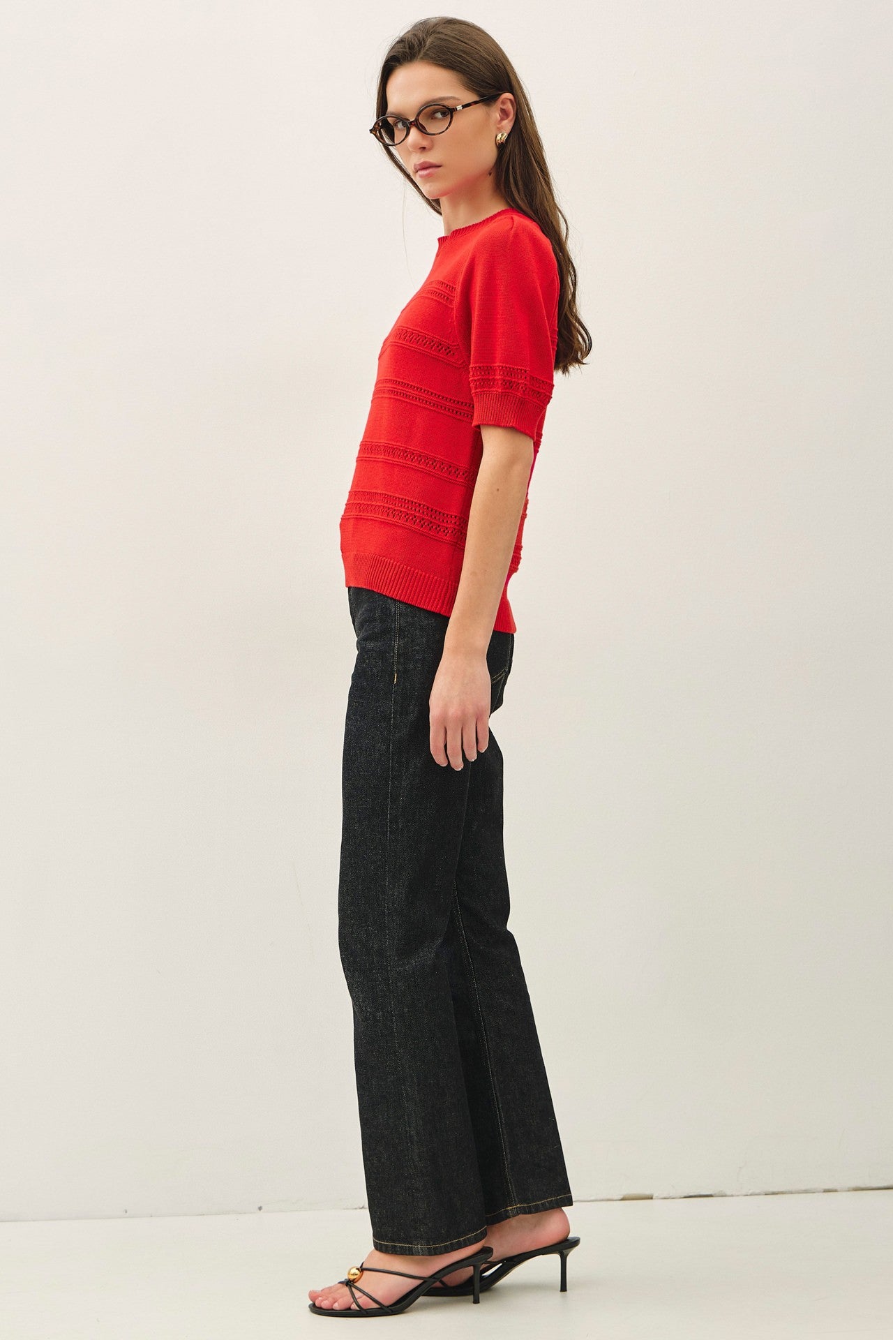 Lila Crochet Stripe Puff Sleeve Sweater Top