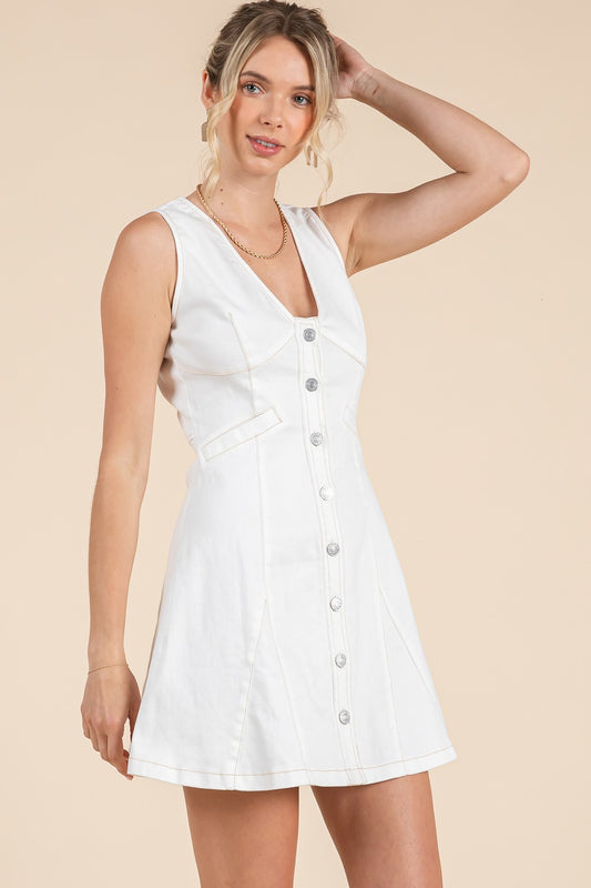 Baby Pink Deep V-neckline Button Down Sleeveless Mini Dress