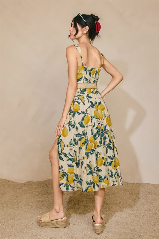 Vintage lemon print midi dress with rattan belt