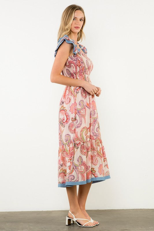 Smocked Flutter Sleeve Paisley Print Maxi Dress