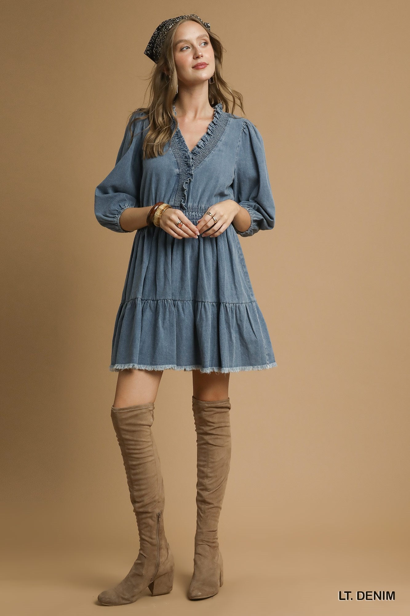 The Melissa Denim Ruffle Mini Dress M