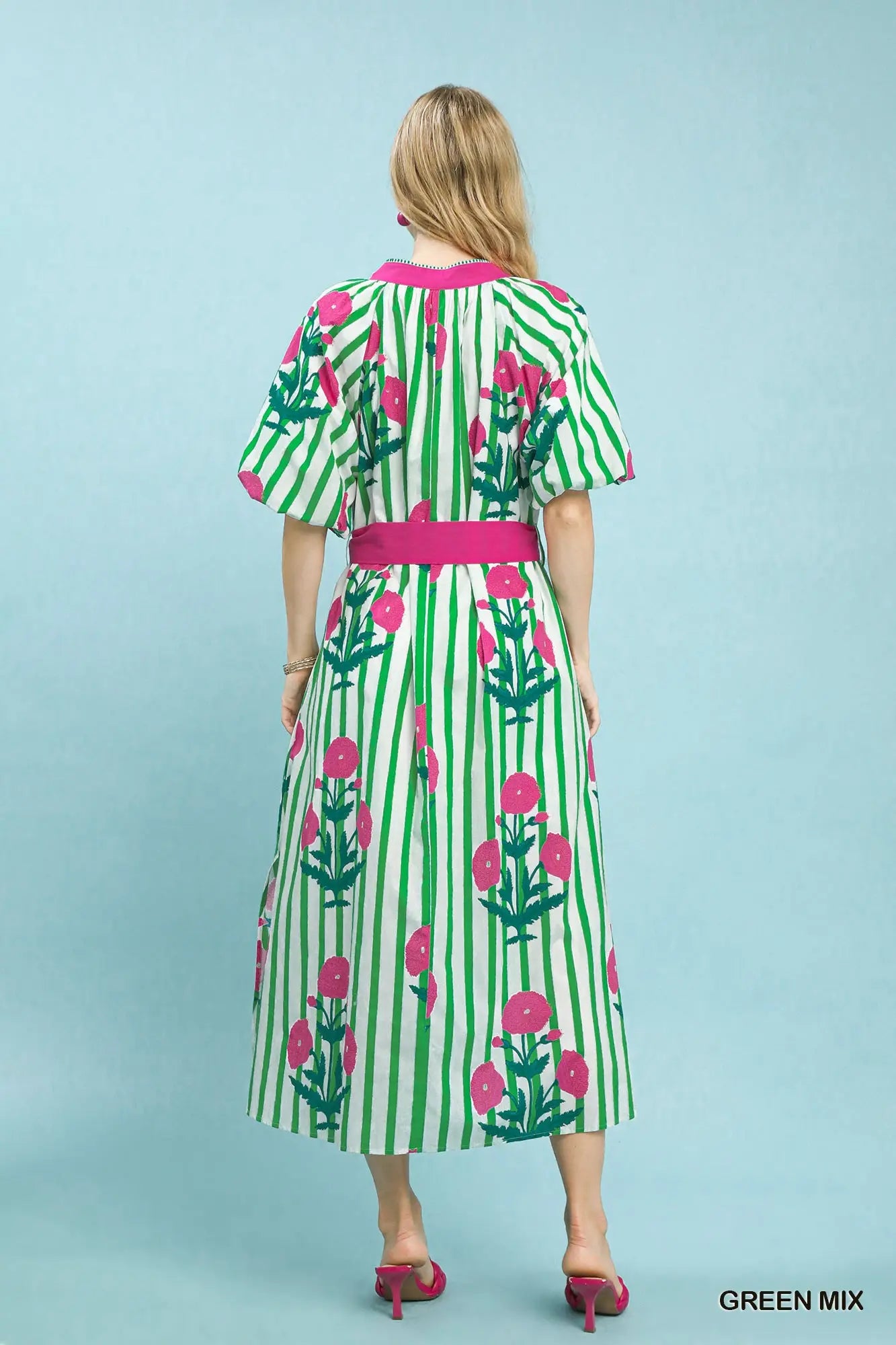 Striped Floral Maxi Dress with split V-neck and sash waist tie