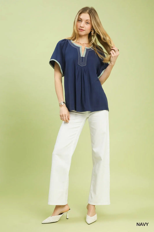 Isabell Contrast Trim Flutter Sleeve Babydoll Top